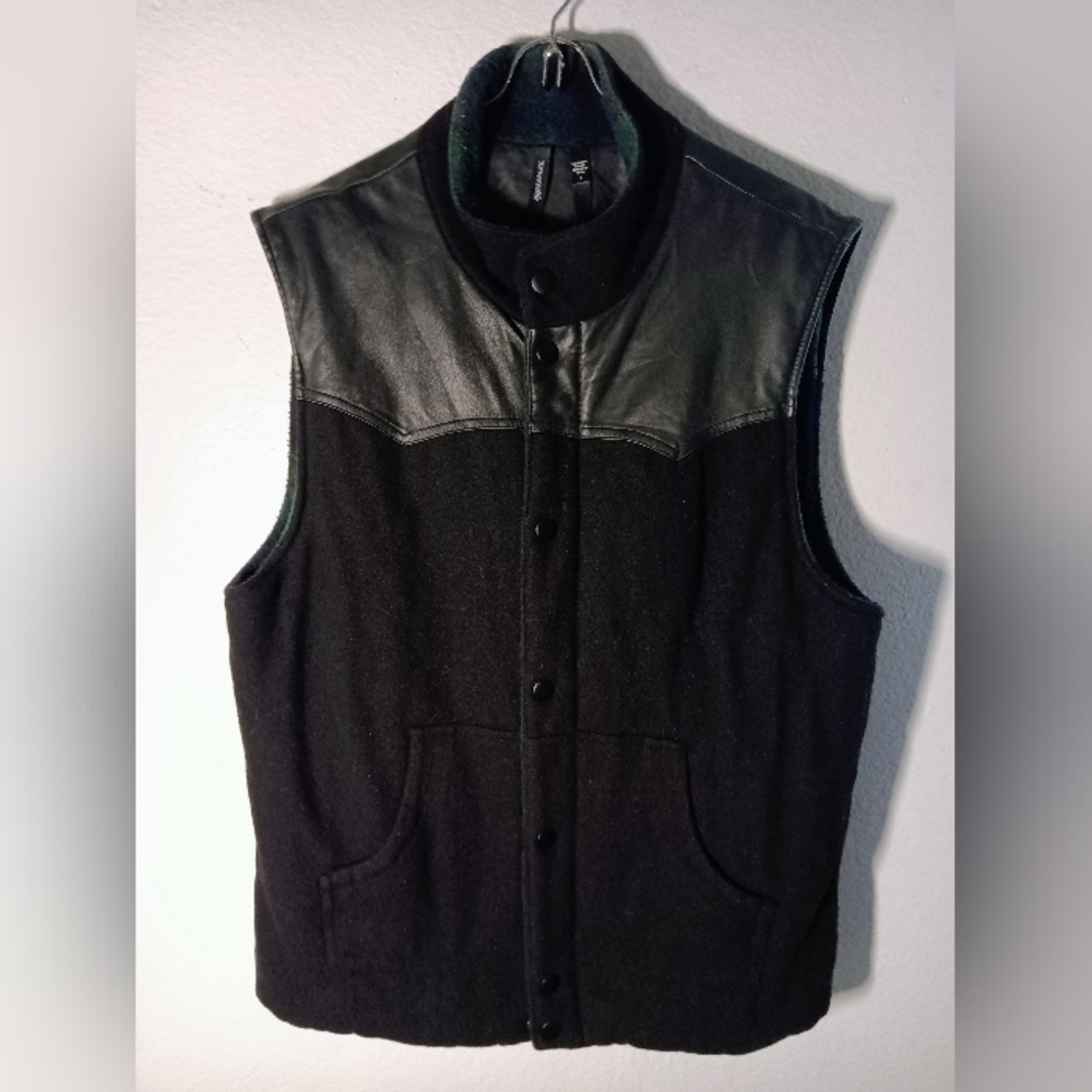 Joe's Jeans Reversible Vest Black/Green/Navy Plaid Leather Wool Blend Size L GUC